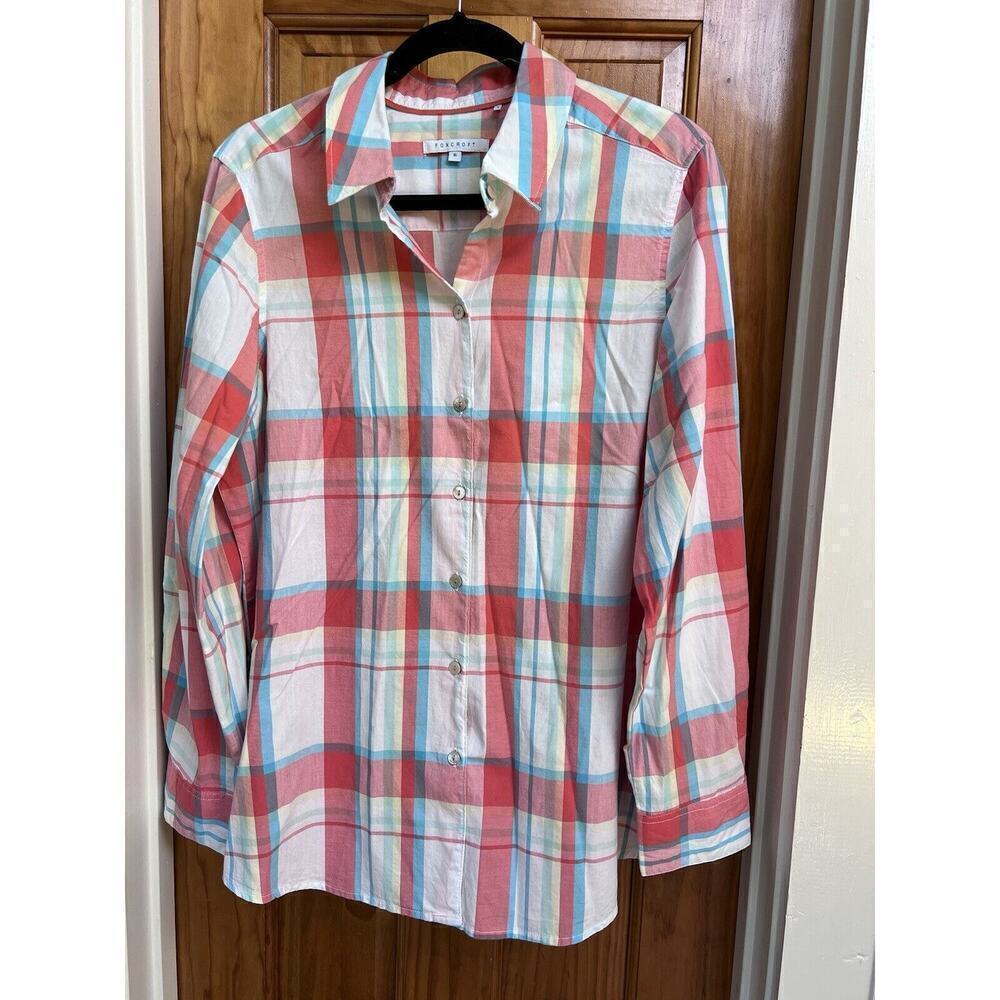 Foxcroft Top Shirt Blouse Size 16 Pink Easy Care Plaid Roll Tab Stretch Career